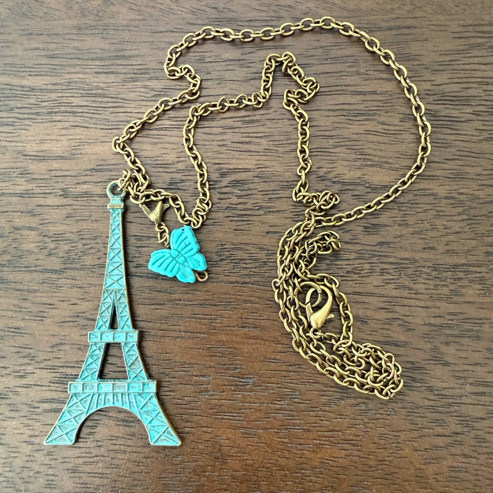 Bronze Patina Eiffel Tower Carved Turquoise Butterfly Pendant Necklace - Picture 3 of 9